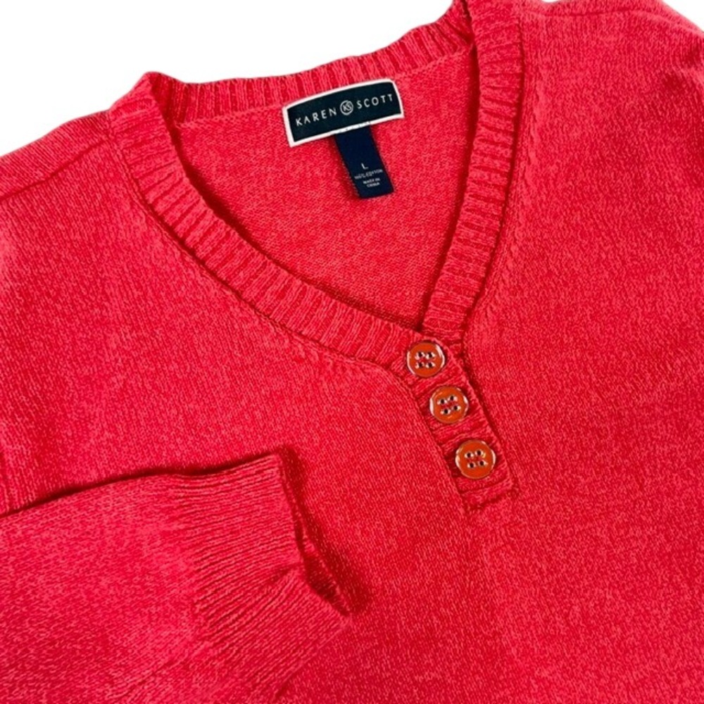 Karen Scott Women's Heather Red V-Neck Pullover Knit Cotton Sweater LG